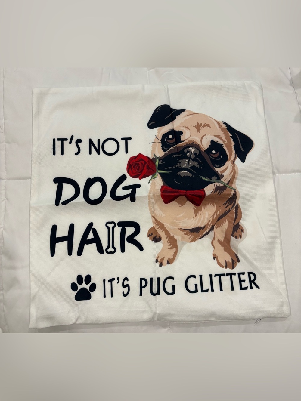 2 white Pug Dog pillows -cover with Red Rose and Bow Design 18 x17